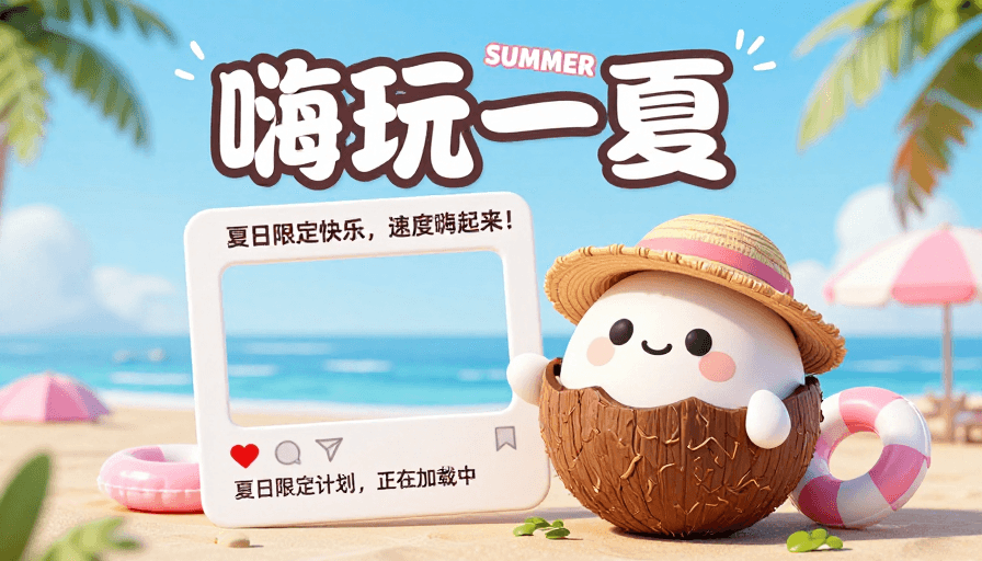 Q版3D素材：夏日嗨玩！Q版椰子3D促销海报
