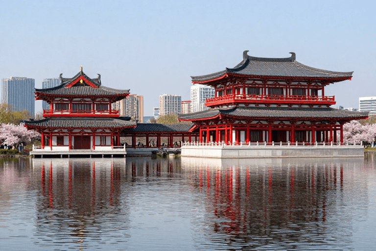 历史与现代素材：唐风古韵映湖樱：现代城市中的千年建筑