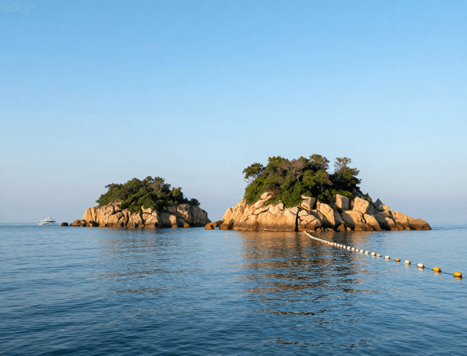 高清摄影素材：清晨礁屿晨景：蓝褐对比高清风光