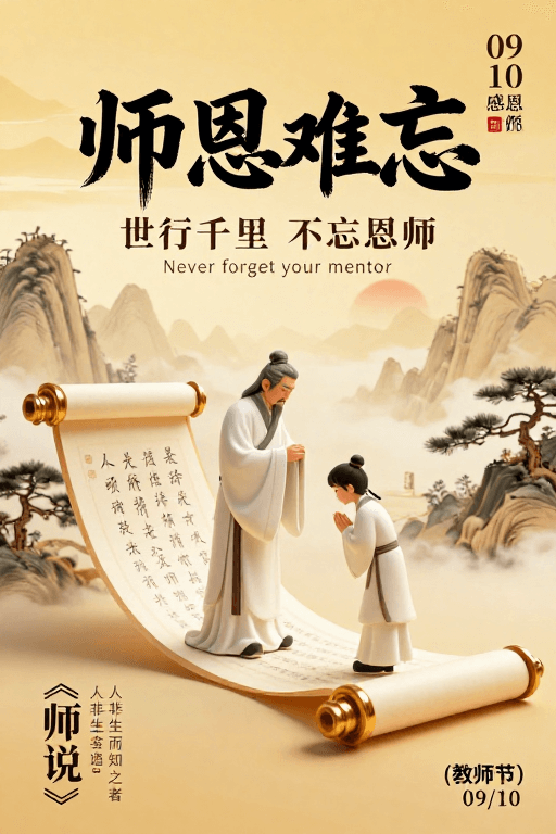 暖金色调素材：中国风暖金调教师节海报，水墨画卷致敬师恩