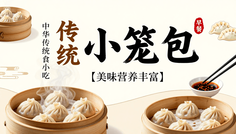 传统中式美食素材：传统小笼包：雅致中式早餐海报