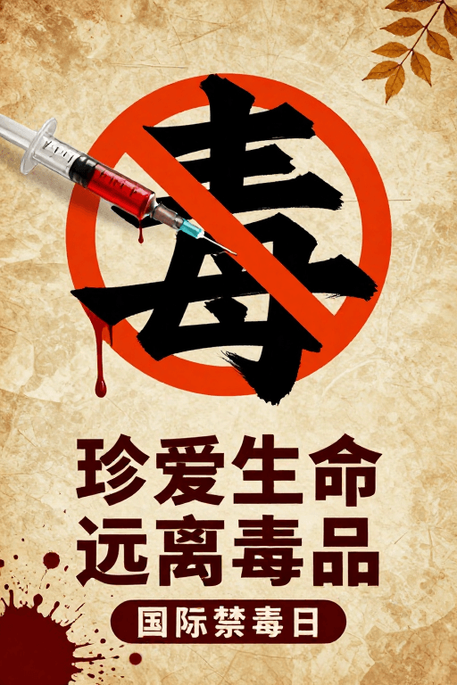 国际禁毒日素材：血染毒字：复古警示与现代公益海报