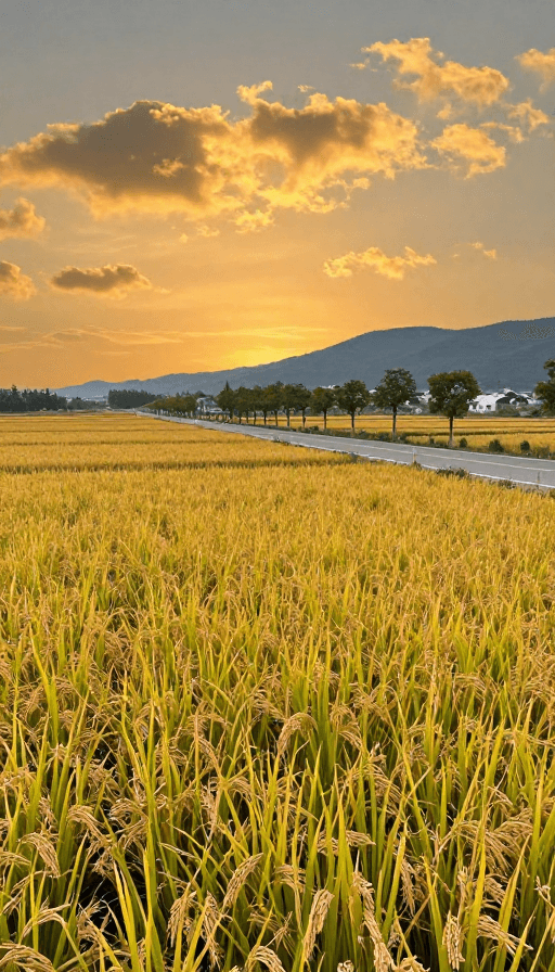 公路景观素材：金黄稻浪铺秋野，夕阳映染远山村落