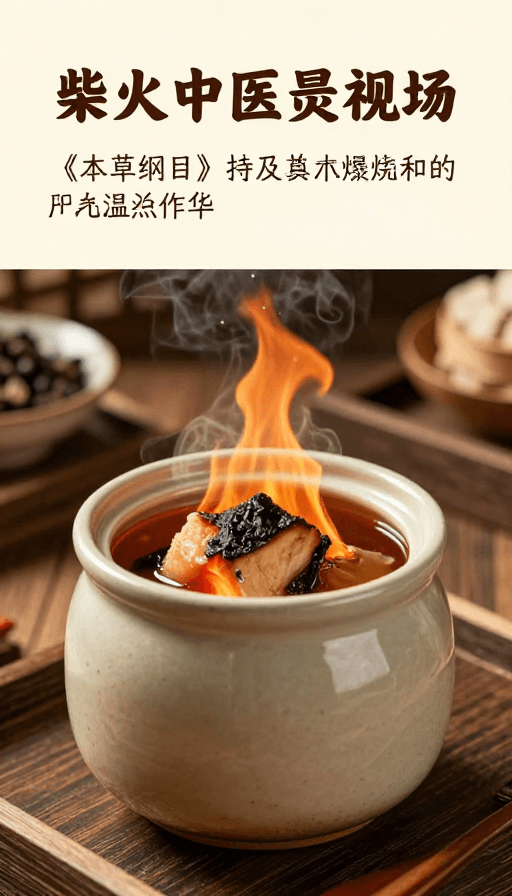 古风摄影素材：柴火暖身，药膳养心：中医智慧与传统烹饪的交融