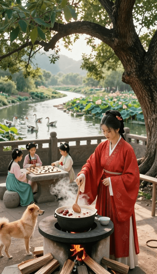 古代服饰素材：古韵养生：晨光照耀下的红润生活