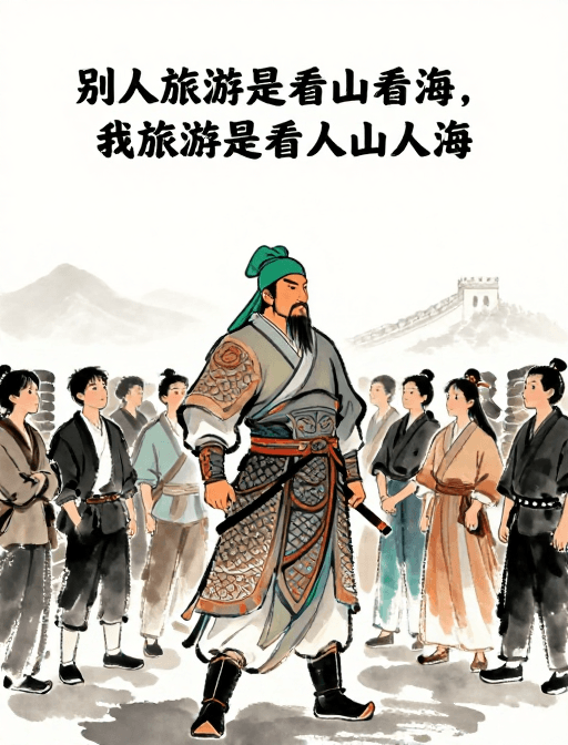 古风素材：水墨关公闹长城：穿越时空的旅行反差