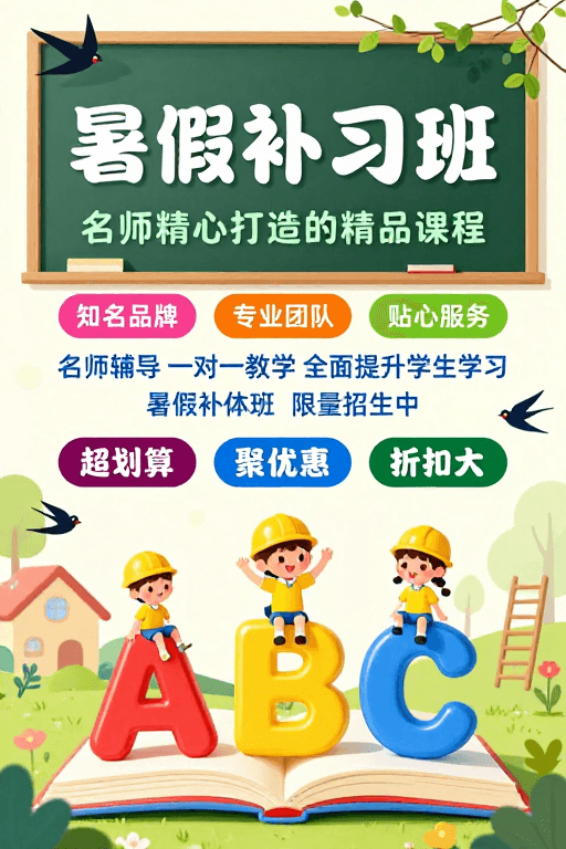 童趣插画素材：清新童趣暑期补习班招生海报