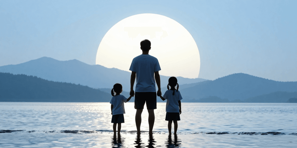 父子亲情素材：剪影亲情：父子三人牵手浅滩逆光剪影画面