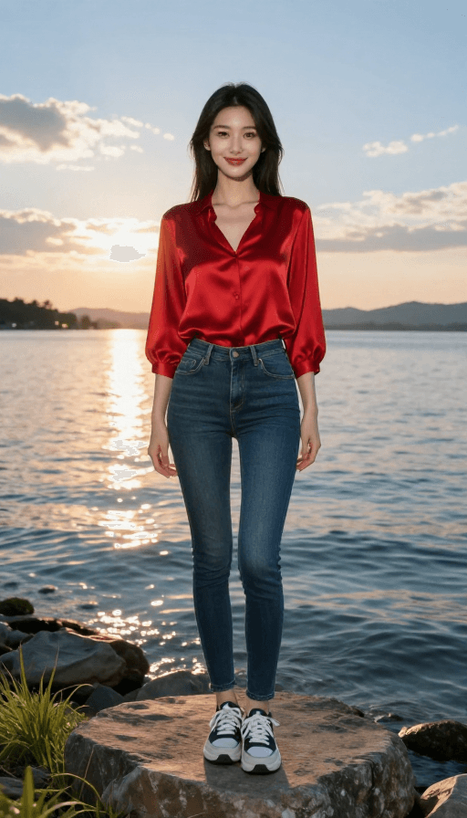湖景摄影素材：夕阳湖畔：红裙少女与波光湖景的唯美瞬间
