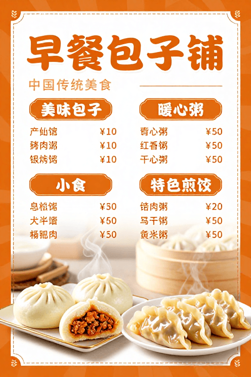 暖橙色调素材：暖橙色调中式早餐海报，包子煎饺美食宣传图