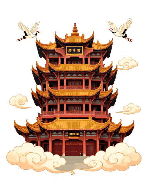 黄鹤楼素材：黄鹤楼漫画风贴纸：祥云仙鹤环绕，高级感设计