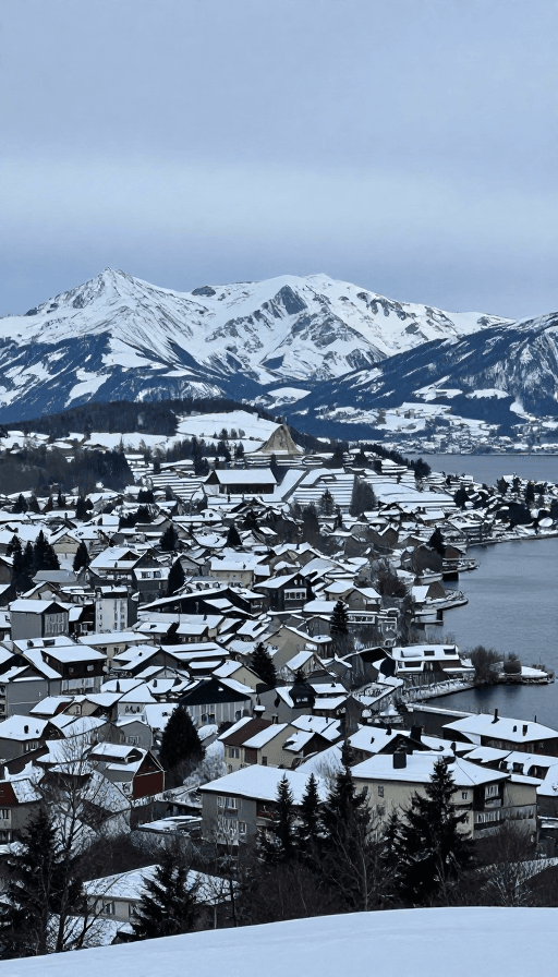 欧洲风景素材：凛冽欧洲冬日：雪山湖泊与小镇的绝美实景