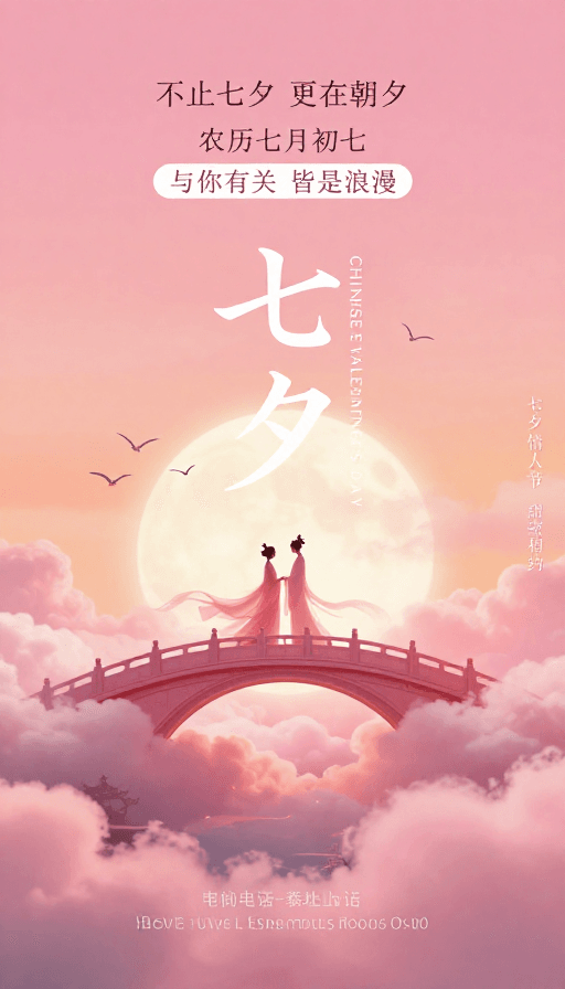 七夕节素材：梦幻中国风七夕海报：云霞托桥，浪漫神话意境