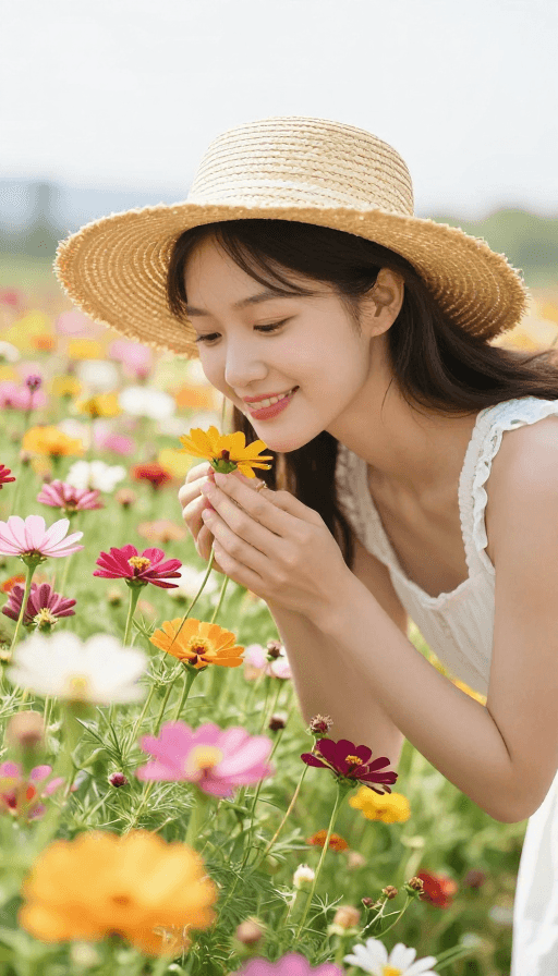 花海场景素材：阳光下的田园少女：彩花丛中俯身闻香的甜美瞬间