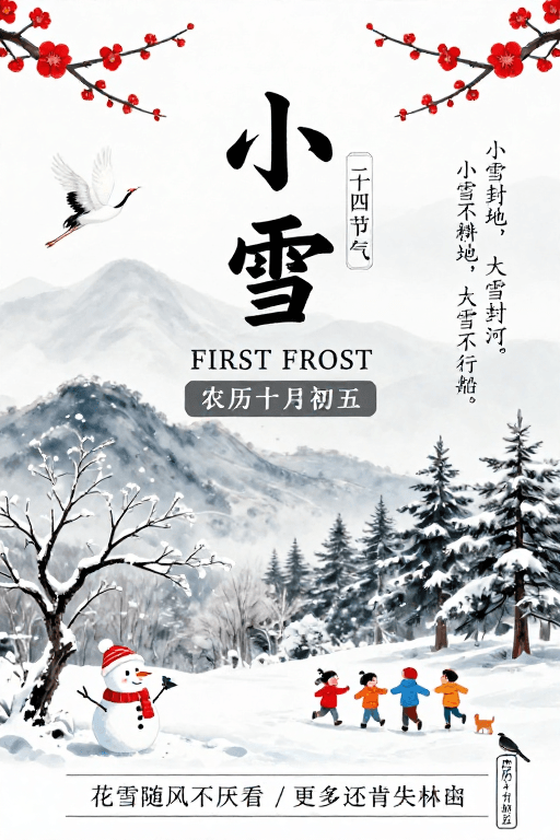 节气海报素材：淡雅水墨风小雪节气海报，融合传统与现代设计
