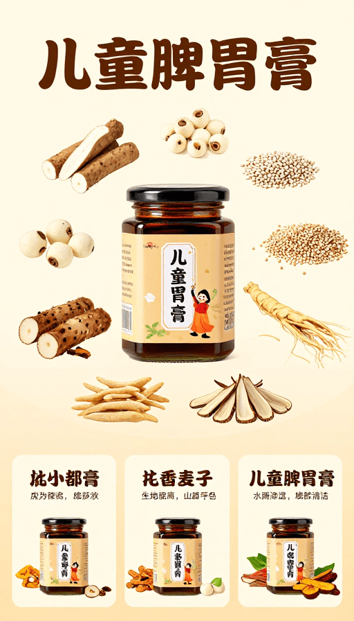 电商海报素材：童养脾胃膏：七味草本天然呵护，清新插画呈现健康守护
