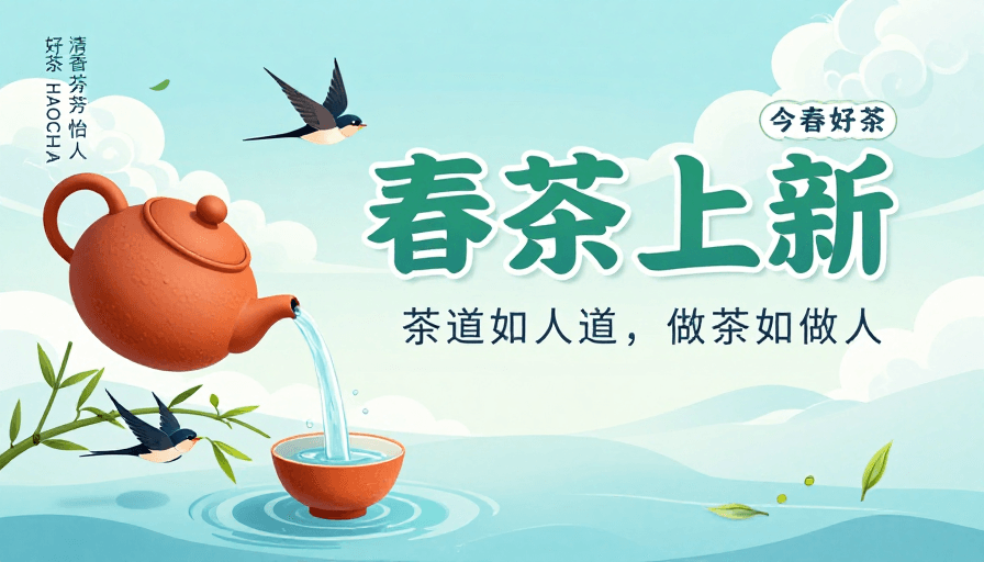 春季促销素材：春日新茶上市，清新中国风插画海报
