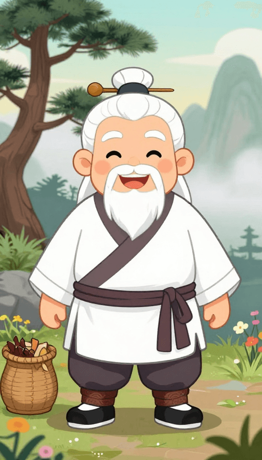 草药元素素材：Q版古风胖老中医：龇牙笑迎客，苍松云雾间显灵验