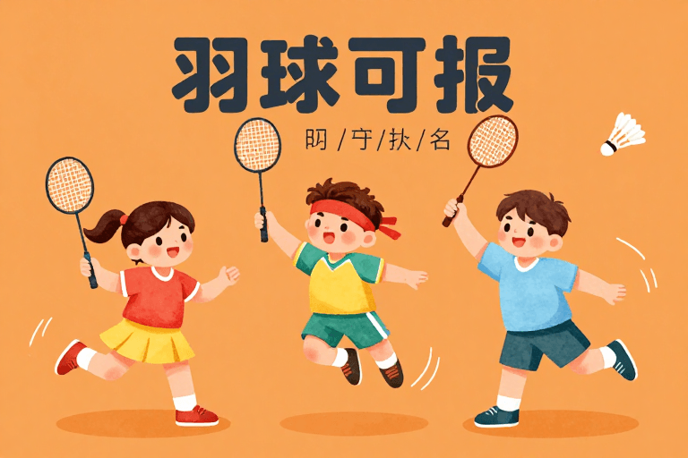 商业海报素材：活力童趣：橙彩手绘儿童羽毛球动态海报