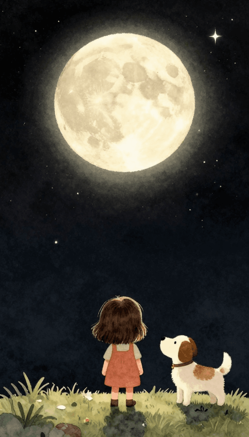 水彩艺术素材：夏夜星空下的治愈童梦：小女孩与狗狗的梦幻水彩之旅