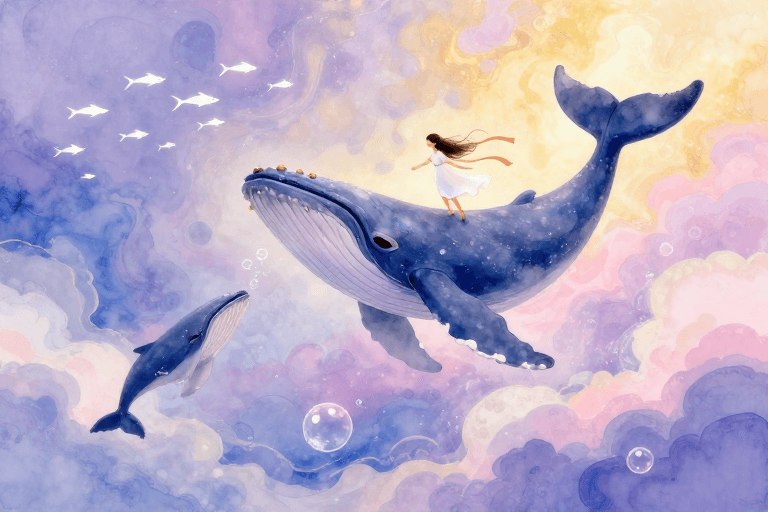 梦幻插画素材：梦幻宇宙海洋：蓝鲸与少女的诗意跃动