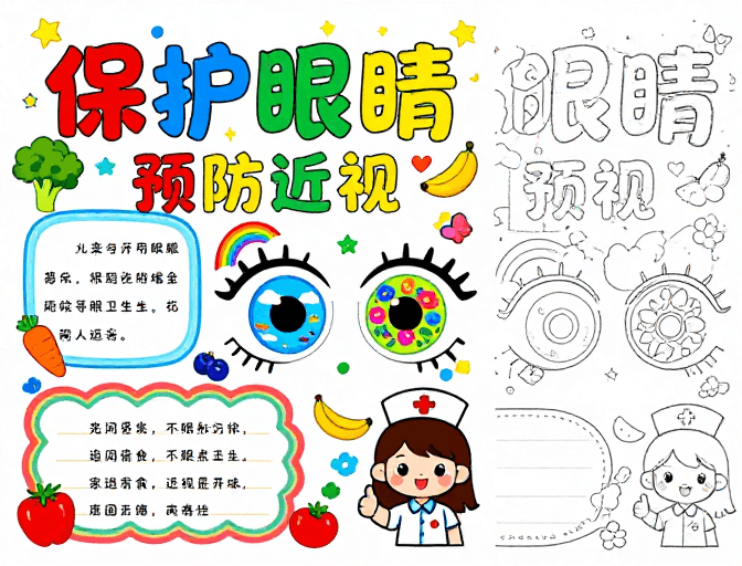 手绘海报素材：童趣手绘护眼海报：预防近视教育宣传插画