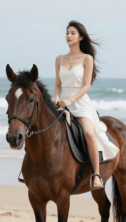 艺术人像素材：海边骑马的美丽女性实拍照片