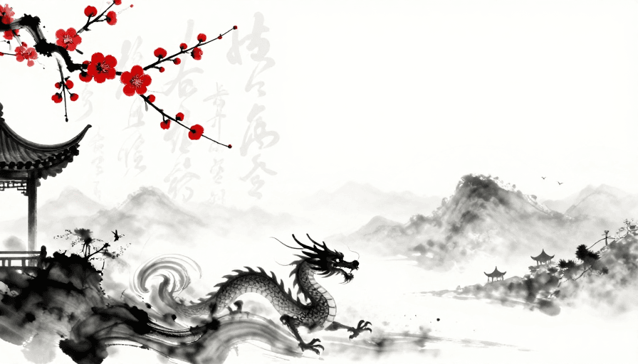 红梅素材：水墨红梅与腾跃墨龙的中国风留白意境图