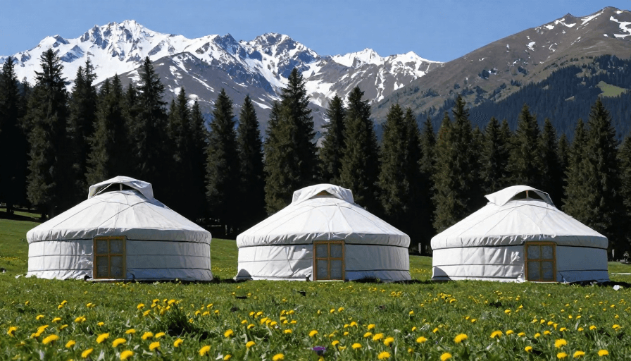 建筑摄影素材：草原三座蒙古包与雪山风光高清摄影图