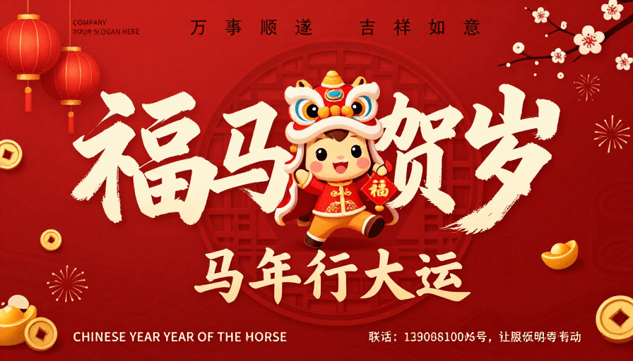 中国风新年素材：福马贺岁：喜庆中国风新年插画