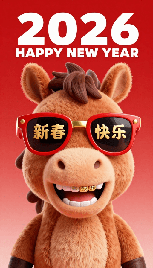 3D卡通IP素材：2026潮酷生肖马：新春快乐3D卡通IP
