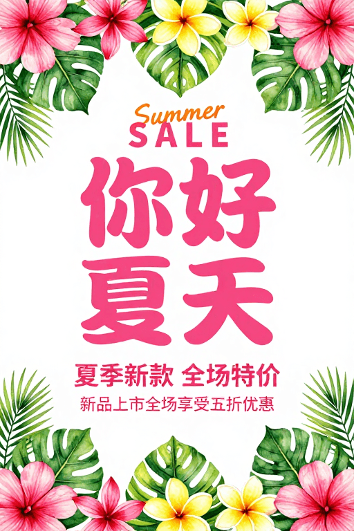 夏日促销素材：高饱和粉色夏日热带风情促销海报