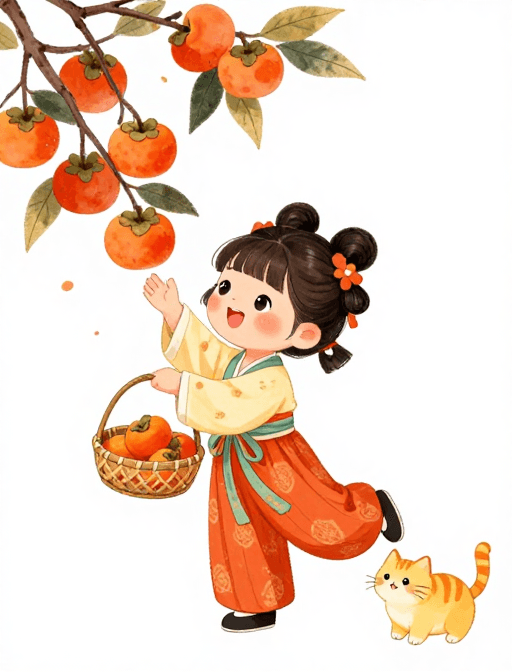 Q版形象素材：古风童趣：唐装女孩俏皮摘柿逗萌橘猫相伴
