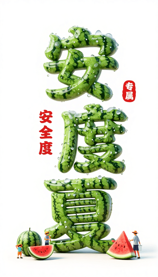 夏日促销素材：西瓜造型‘安全度夏’字设计，冰透质感彰显夏日清凉