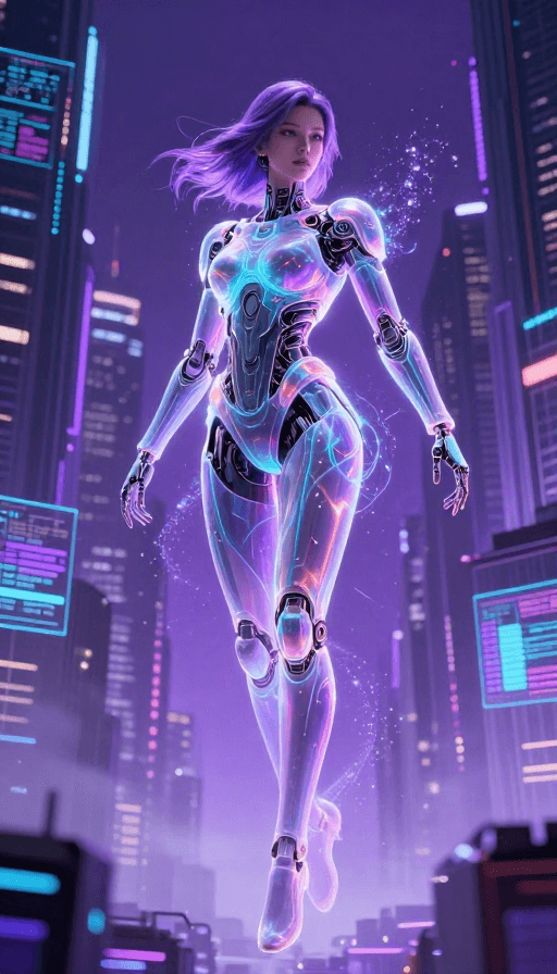 概念设计素材：赛博都市空灵女性：霓虹战甲与量子光影