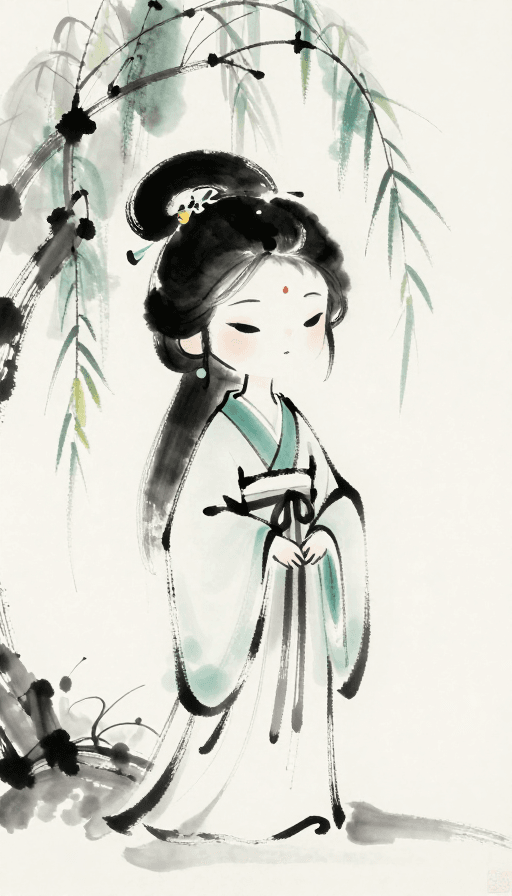 水墨风素材：墨韵柳风：Q版古典美人月夜图