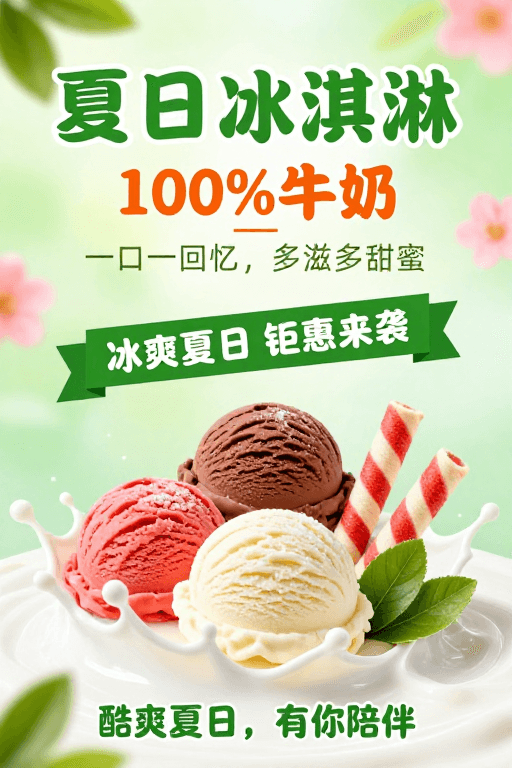 清新自然风格素材：清新夏日冰淇淋海报，甜蜜冰爽视觉盛宴