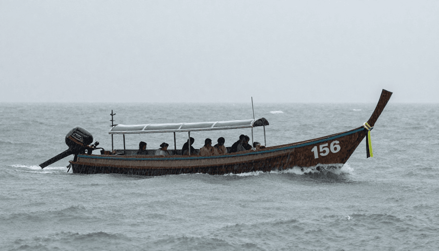 暴雨海景素材：暴雨中泰式长尾船航行：海洋文化与灾难纪实瞬间