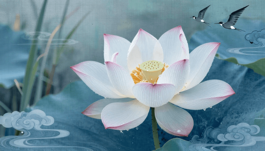 飞鸟意象素材：梦幻夏荷：绢帛上的重瓣荷花与荧光水珠