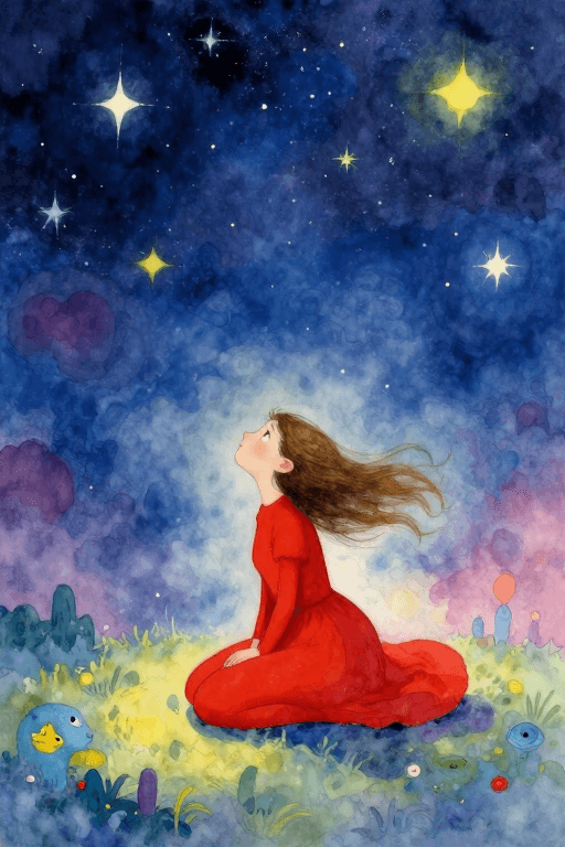 治愈系插画素材：星幕下红衣少女：治愈系水彩奇幻插画壁纸