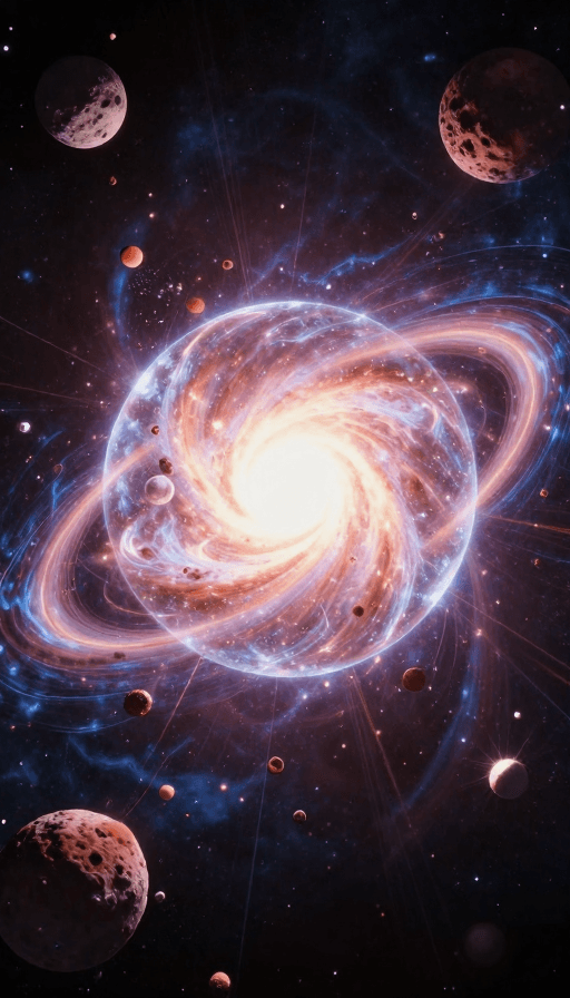 宇宙大爆炸素材：3D宇宙大爆炸：透明星球与开花的陨石飞射光影