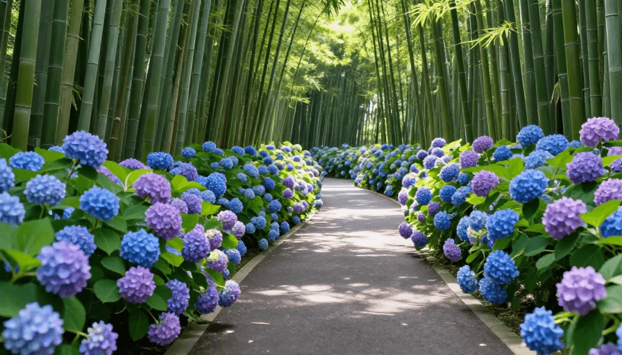 绣球花丛素材：翠竹幽径绣球绽放，柔光营造静谧自然意境
