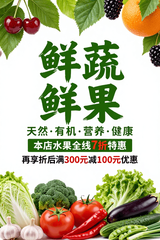 新鲜蔬果素材：鲜蔬鲜果促销海报：清新自然健康活力设计