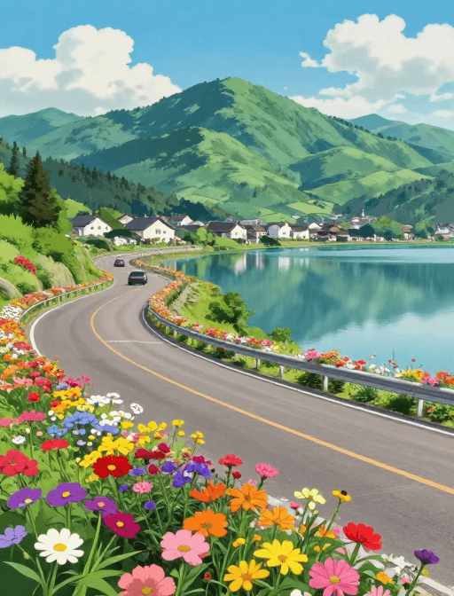 色彩鲜艳素材：宫崎骏风自然公路：花带与湖山倒影的梦幻色彩