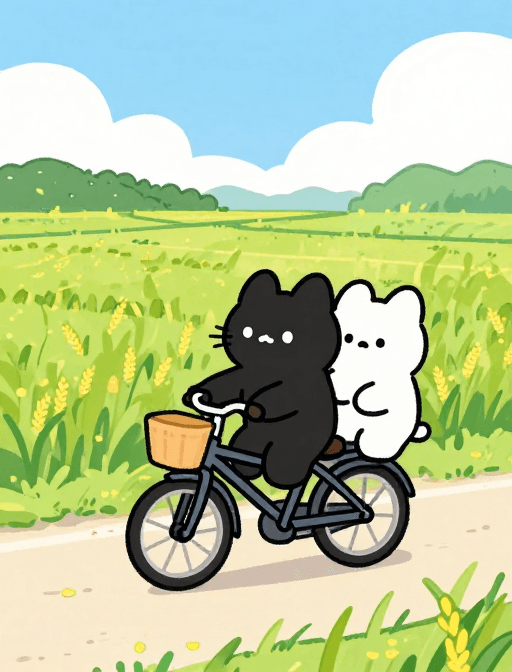 二次元素材：简约二次元插画：黑猫白熊童趣骑行