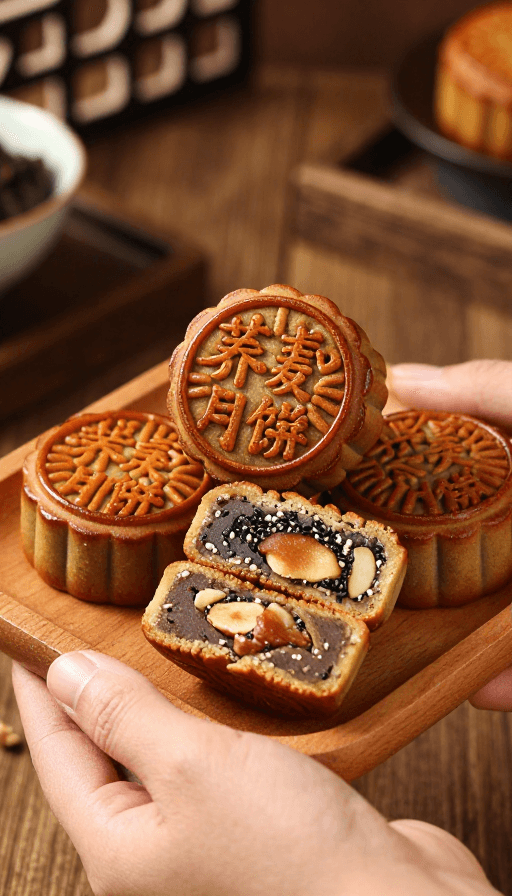 节日促销素材：传统手工荞麦月饼，中秋美味现烤呈现