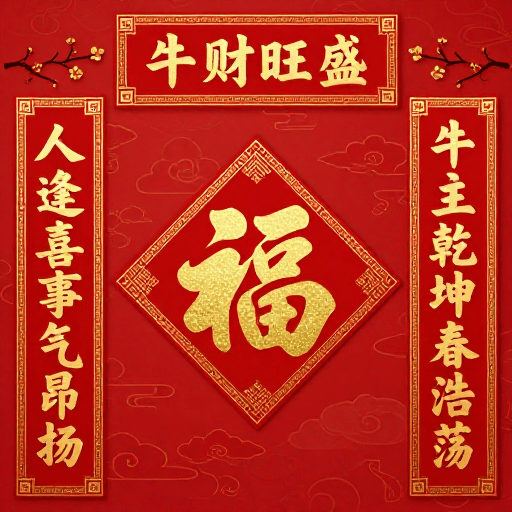 文化符号素材：新春大吉：牛财旺盛烫金书法春联设计