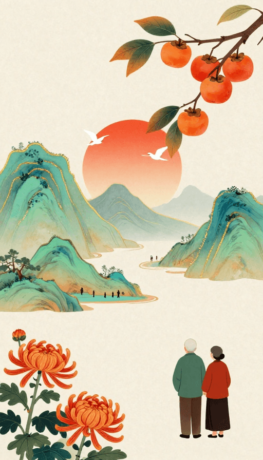 新中式插画素材：新中式秋日意境：柿叶金碧山水与人情之美