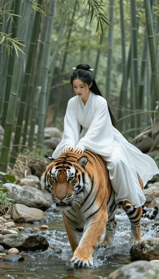 艺术插画素材：白衣女侠竹林制虎，古风武侠意境