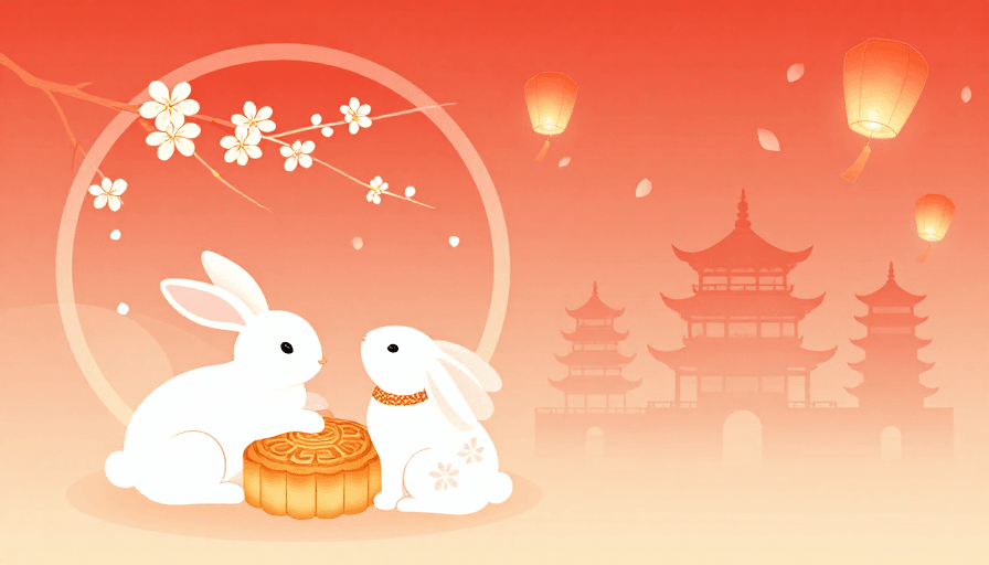 新中式插画素材：新中式中秋插画：玉兔与月饼的温馨节日